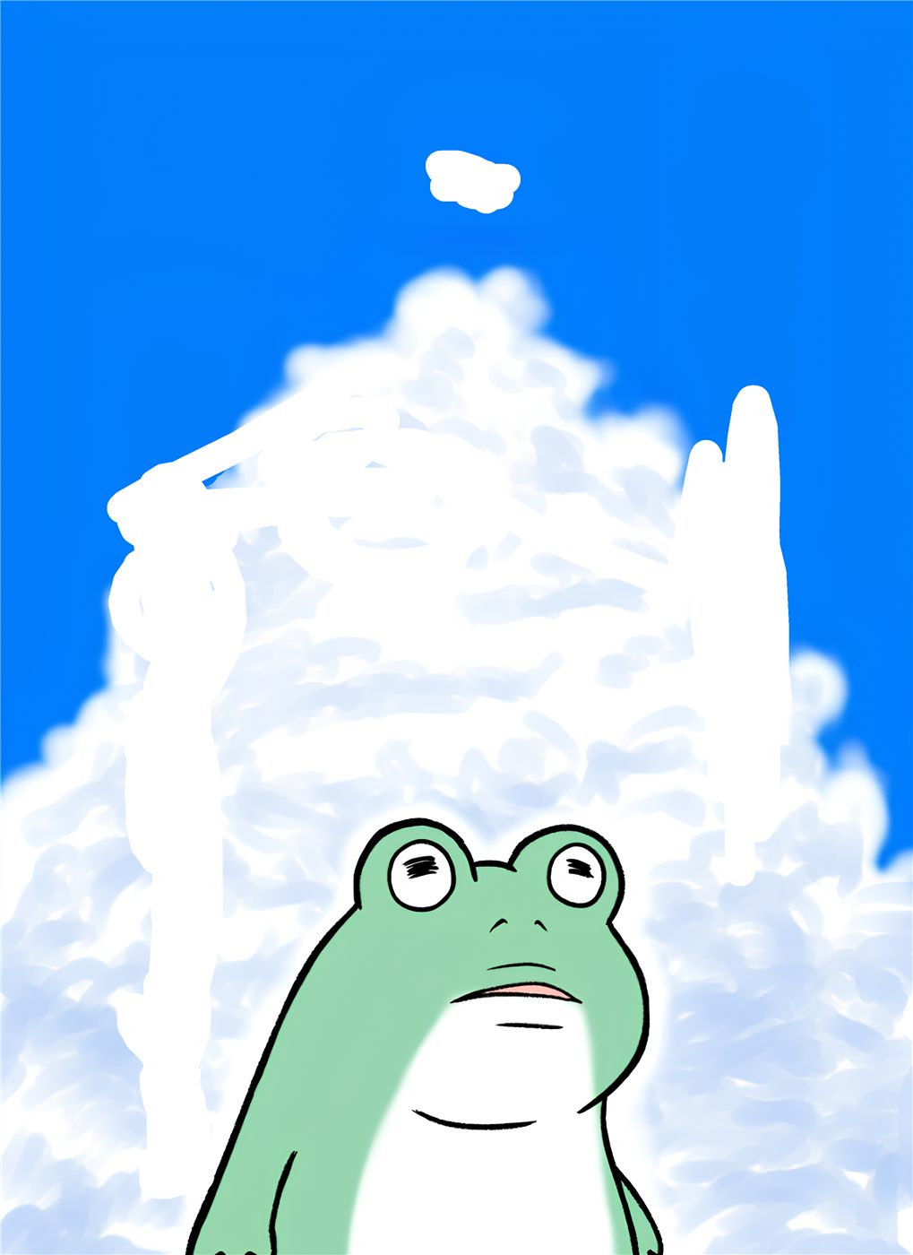 Chubo sitting atop a giant cloud, looking up thoughtfully