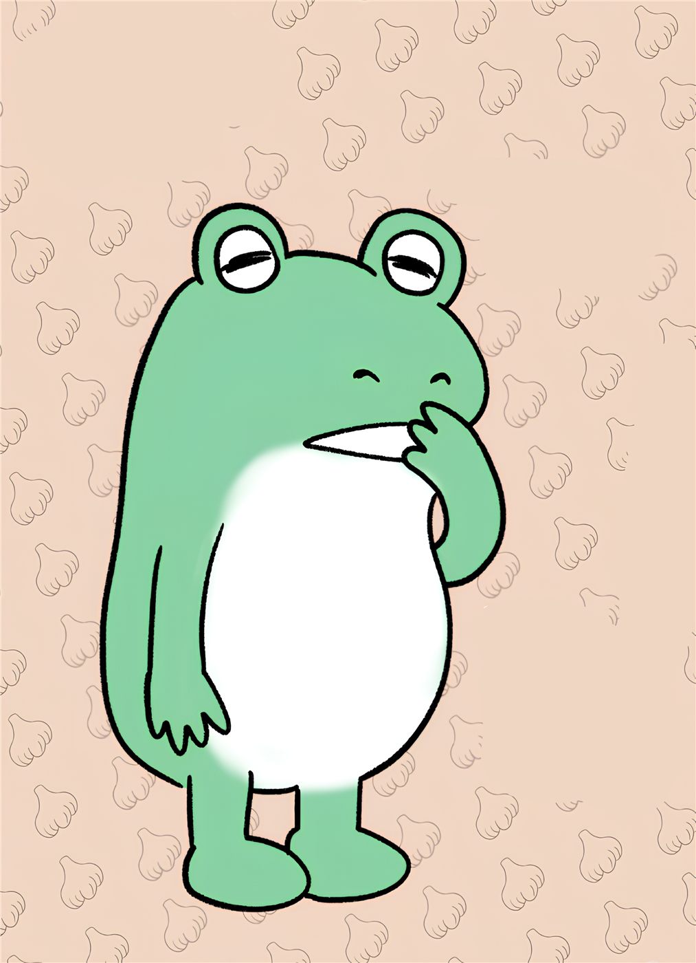 Chubo eating garlic in front of a garlic-patterned background