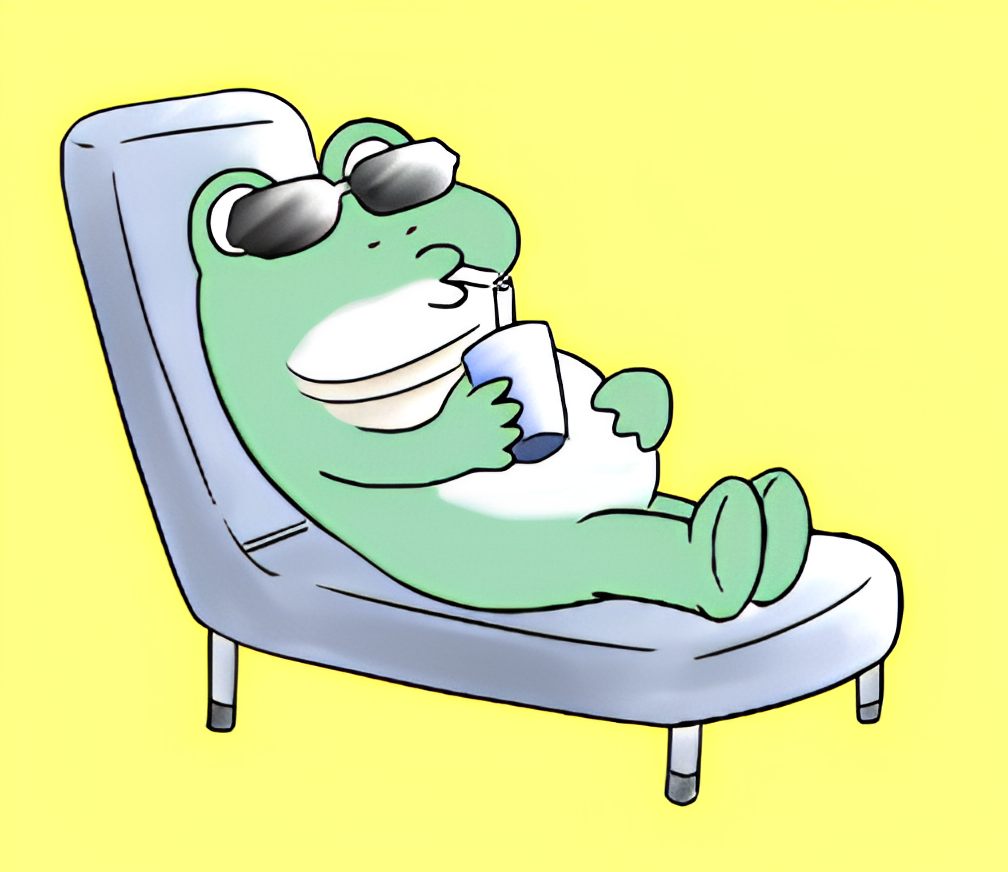 Chubo reclining in a lounge chair with sunglasses and a drink
